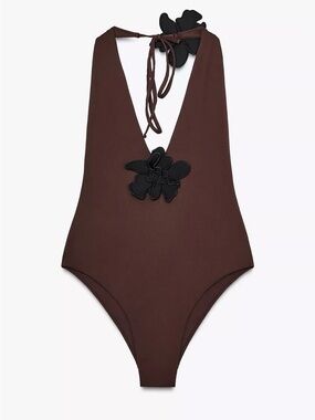 Zara Chocolate Brown Floral Appliqué One-Piece Swimsuit | Size L